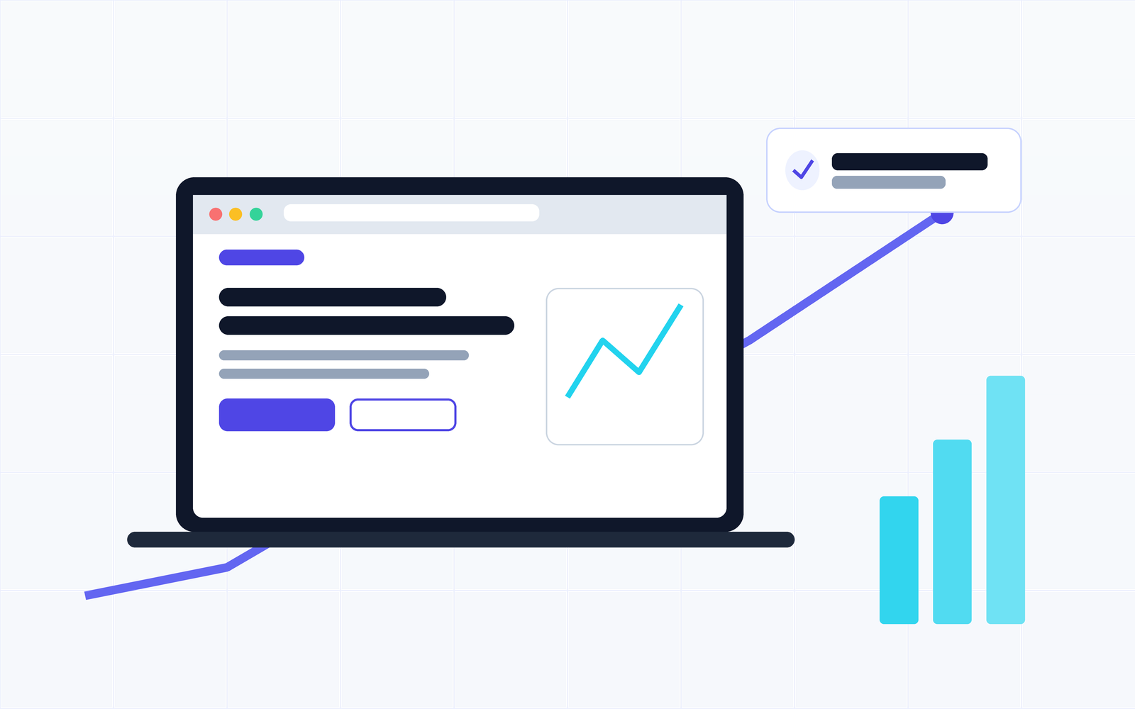 Illustration of a website layout on a laptop screen with a rising performance graph behind it